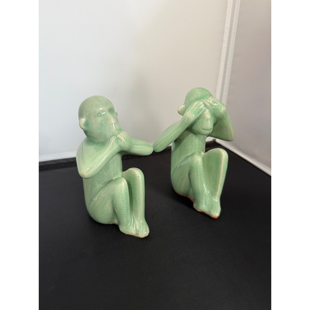 Vintage Green Ceramic Monkey Figurines See/ speak No Evil Crackle Glaze Pair
